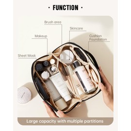 EACHY Travel Makeup Bag,Large Capacity Cosmetic Bags for Women,Waterproof Portable Pouch Open Flat Toiletry Bag Make up Bag with Divider and Handle, Gifts for Women (Black, Medium)