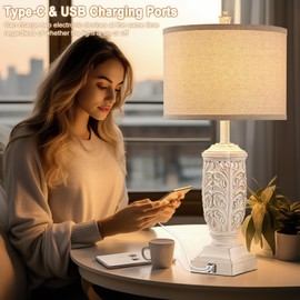 Fullarge Table Lamps Set of 2 for Living Room, Farmhouse Bedside Lamp with USB C+A for Bedroom, 28.5" Tall Rustic Nightstand Lamps with Linen Fabric Shade,White Elegante Lamps for Hotel Office Decor