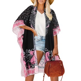 Kimono for Womens Bathing Suits Cardigans Beach Cover Ups Resorts Swimwear (Black Pink Edge,XL)