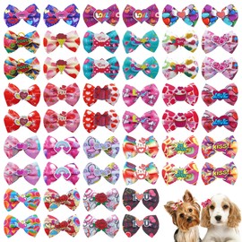 JpGdn 50PCS/25PAIRS Valentine's Day Dog Hair Bows with Rubber Bands Bowknot Top Knot Elastic Pink Red for Dog Doggy Puppy Poodle Grooming Accessories