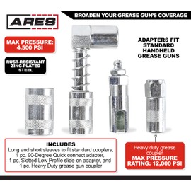 ARES 54018 - Pistola de engrase de 3 piezas, adaptador y acoplador de 90 grados - Incluye acoplador de conexión rápida de 90 grados y adaptadores de estilo deslizante de conexión rápida - Plus acoplador de grasa resistente