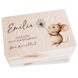 Holz Erinnerungsbox Baby Holzkiste Baby - Geschenkbox zur Geburt mit Name Daten Maus I Holzbox süße Maus Geburtsgeschenk Geschenkverpackung - 30 x 20 x 14 - Holz - babygeschenke erinnerungskiste
