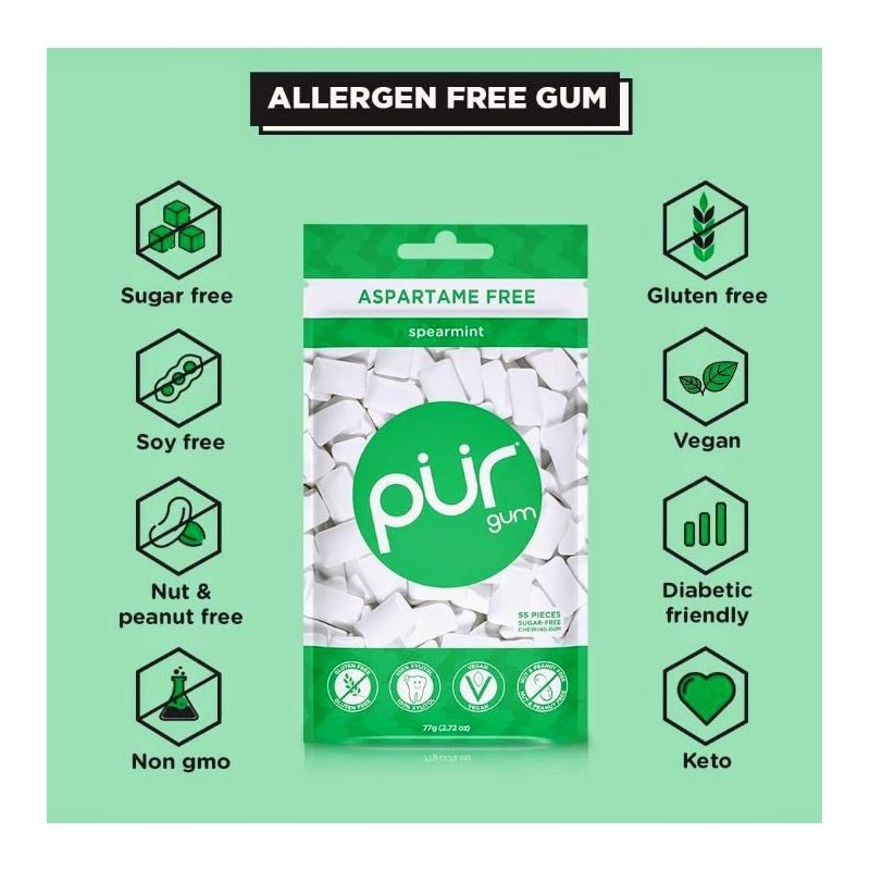 PUR Xylitol Chewing Gum SPEARMINT (55 Pieces, 3 Pack) Sugarless
