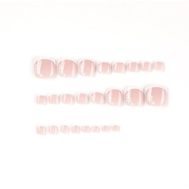AkiliBIELY French Tip Press on Toenails for Women White Flower Short Toe Nail Press ons Classy Artificial Fake Toe Nails Square Acrylic Fantasy Full Cover Toenails Glue on Toe Nails for ALF8