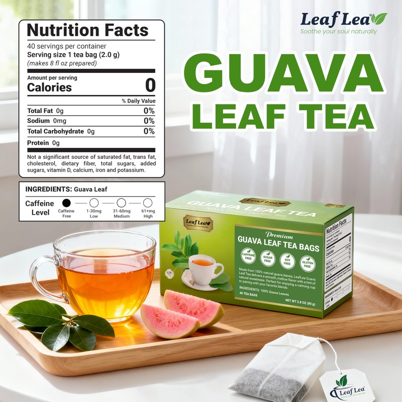 LeafLea Guava Leaf Tea, 40 Individually Wrapped Tea Bags, Made