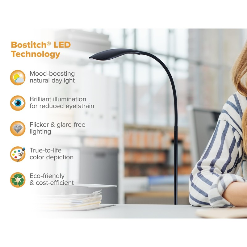 Bostitch Office Gooseneck LED Floor Lamp, Flexible Silicone Design, 72"