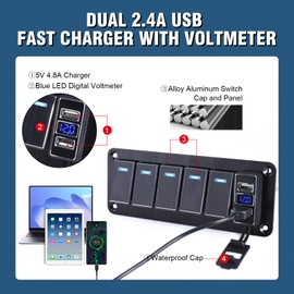 GGTA Rocker Switch Panel Waterproof with 4.8 Amp Dual USB Charger Voltmeter 12-24V Pre-Wired,6 Gang Toggle Switch for Automotive Car Marine Boat Rv Truck