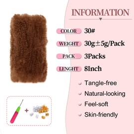 8 Inch Afro Kinky Curly Braiding Hair Bulk for Dreadlock Extensions 3 Packs Marley Twist Hair Bulk for Mini Twist Repair Locs Spring Afro Twist Hair Bulk, 30 g/Pack (30#, 8 Inches)