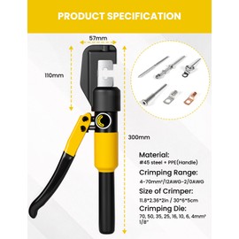 HYCLAT 10 Tons Hydraulic Crimping Tool Battery Cable Lug Terminal Crimper with 9 Pairs of Dies, 12 AWG to 2/0 AWG Wire Crimping Tool