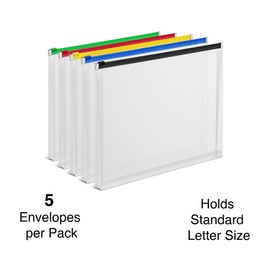 Staples Poly Zip Envelopes, Check Size, Clear with Assorted Zippers, Durable Poly Pouches for Checks, Receipts & Small Documents – 5/Pack