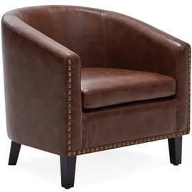 Belleze Modern Upholstered Arm Club Chair Faux Leather with Nailhead Tub Barrel Style, Brown