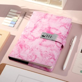 CAGIE Marble Diary with Lock for Girls and Women, Waterproof Journal with Lock 192 Pages Secret Girls Locked Diary with Pen, Password Locked Journals for Teen Girls, A5 Pink
