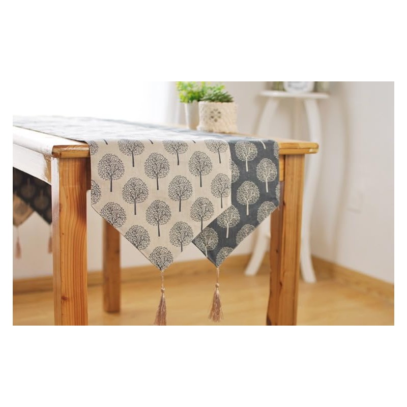 CosyAurora Linen Table Runner Mulberry Trees Navy Blue, Seasonal Kitchen