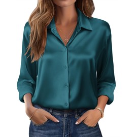 Zeagoo Satin Blouse 2025 Fall Fashion Clothes Long Sleeve Silk Button Down Shirts Cute Summer Tops Peacock Blue