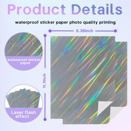 STARZIWEN 30 Sheets Holographic Vinyl Printable Sticker Paper A4 Size (8.25" x 11.7") US letter size Rainbow Glossy Sticker Self-Adhesive Waterproof Dries Quicky For Inkjet Printer(6 Desg-Lines)