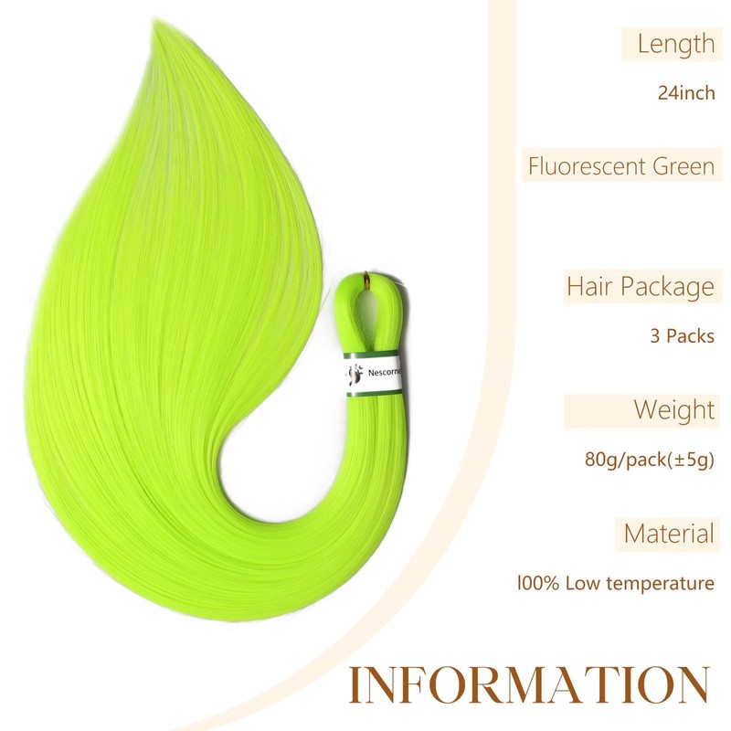 Fluorescent Green Braiding Hair Pre Stretched, 24inch 3 Packs