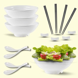 ROHGAN Bowls with chopsticks, Spoons & Holders 32 OZ Set of 4 (20 Pcs) Melamine Complete Dinnerware Set Japanese style Naruto Ramen Bowl (White)
