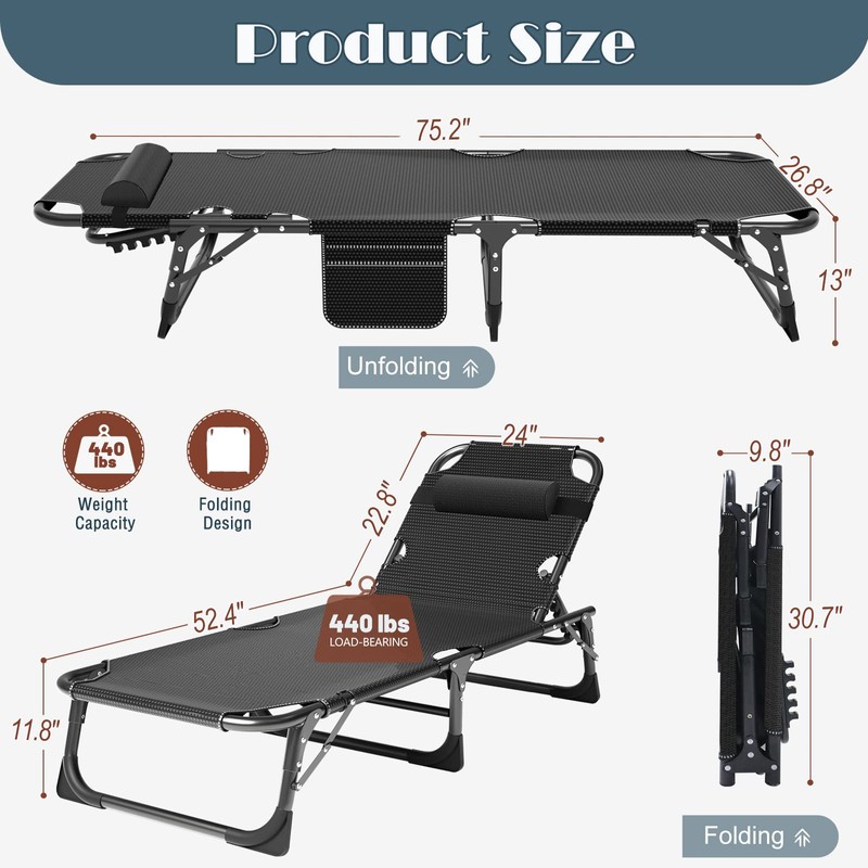 DoCred Heavy Duty Chaise Lounge Chair, Adjustable 5-Position Folding Chaise