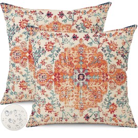 Gujiahone Outdoor Waterproof Pillow Covers 16X16 Inch Set of 2 Bohemian Vintage Carpet Pattern Pillow Covers Orange Blue Ethnic Design Decorative Farmhouse Pillow Covers for Couch Garden Balcony