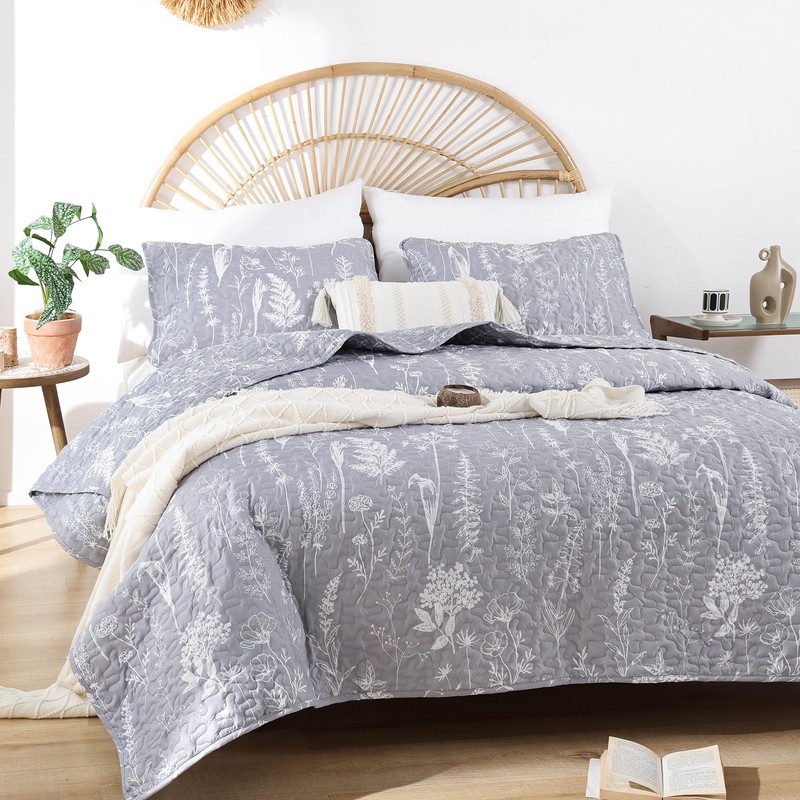 JANZAA Quilts Queen Size Bed Spread Botanical 3 Pieces Quilts