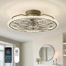 Low Profile Ceiling Fan with Lights Remote Control 20" Bladeless Ceiling Fan with Light Boho Vintage Flush Mount Enclosed Ceiling light 3 Color Smart LED Dimmable,Handmade Antique Vintage Silver