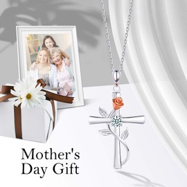 BlingGem Cross Chains for Women 925 Sterling Silver Birthstone Necklace Rose Pendant 5A Cubic Zirconia 12 Months Anniversary Birthday Mother's Day Gift for Women Mother, Metal, Cubic Zirconia