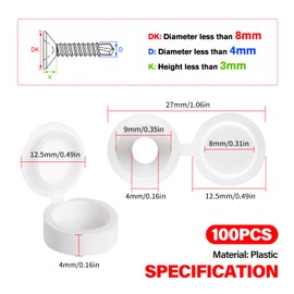 YIXISI 100 Pieces Folding Screw Cover Caps Plastic Hinge Screw Caps for Number 6/8 Screws with Storage Box for Furniture Wardrobe Shelf White