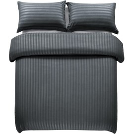 Hafaa Single Duvet Cover Set Hotel Quality Stripes Satin Bedding Set with Pillowcase Soft Microfiber Duvet Covers (Charcoal 135x200 Cm)