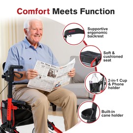 Lyngins Rollator Walker with Seat, Foldable Rollator Walker for Seniors, Reinforced Aluminum Frame, 8" All-Terrain Wheels, Red
