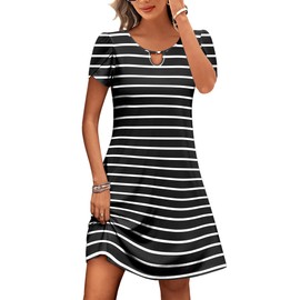 HOTOUCH Summer Dresses for Women 2025 Hawaiian Dress Womens Short Sleeve Dress Women Tunic Dress with Pockets Loose Sundresses Black Stripes M