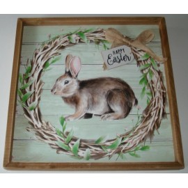 Holiday Home Happy Easter Bunny Rabbit Wreath Picture in Color Rustic Wood Frame Holiday Home