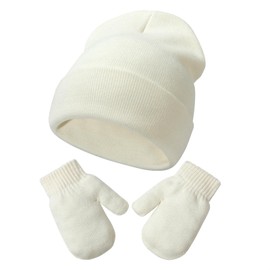 YANWANG Baby Beanie Hat Mittens Set Kids Winter Warm Knitted Hats with Gloves for Toddlers Boys Girls, White (have thumbs)