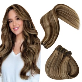 Hetto Weft Hair Extensions Human Hair Sew in Real Hair Extensions Brown Highlights Caramel Blonde Sew in Weft Hair Extensions Real Human Hair Brown Hair Weave 14 Inch 80g #4/27