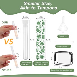 64 Pcs Tampon Flasks Set Includes 20 Reusable Plastic Flasks, 40 Self Adhesive Wrappers, 2 Funnels, Clear Storage Bag, Clean Brush, Tube Flasks for Cruise Event, Concert, Outdoor Sports (Green)