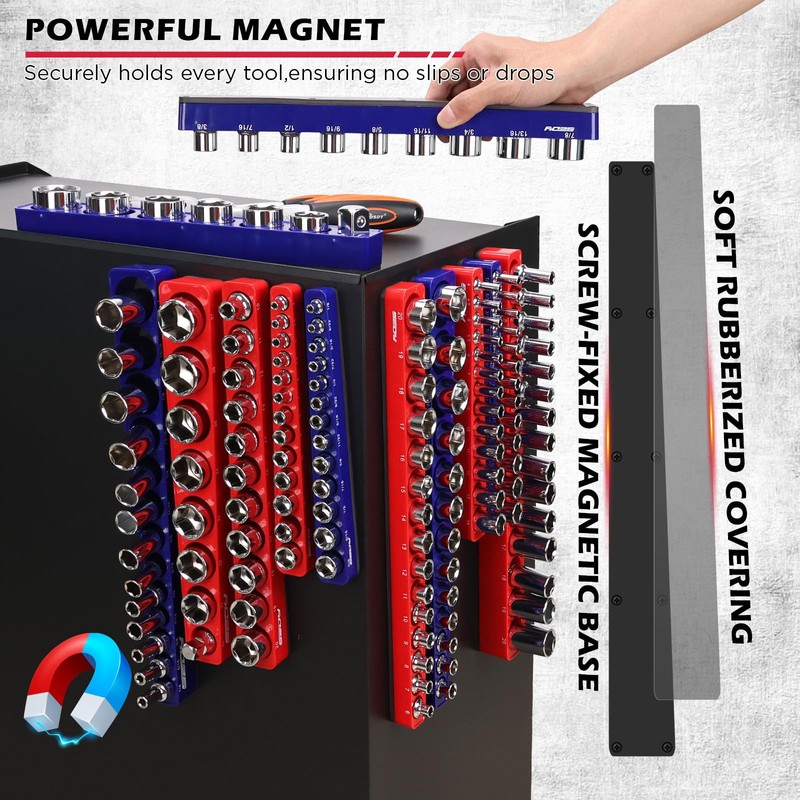 12-Piece 1/4" 3/8" 1/2"-Drive SAE & Metric Magnetic Socket Organizer