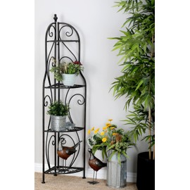 Deco 79 Metal Scroll Bakers Rack Indoor Outdoor Arched Tall Folding Corner 4 Shelf , 17" x 11" x 60", Black