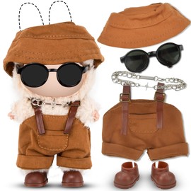 Brown Doll Clothes Set for 17cm Dolls Pink Push Toy Outfit Accessories with Romper, Bucket Hat, Shoes, Cross Necklace, Black Sunglasses Plush Toy Decorations for Gift 17cm Doll Clothes No Doll
