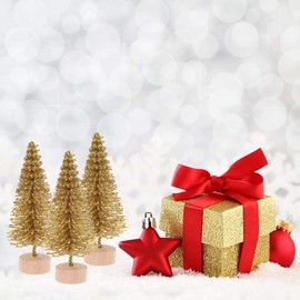 12Pcs/Set Mini Christmas Tree Artificial Christmas Pine Trees Bottle Brush Trees Sisal Trees with Wood Base for Christmas Party Home Decoration