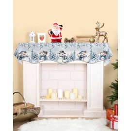 Christmas Mantel Scarf for Fireplace, Cute Snowman Snowflake Scene Winter Fireplace Cover Xmas Decorations Indoor Merry Christmas Mantel Top Scarf Runner for Winter Holiday Party, 17 x 90 Inch