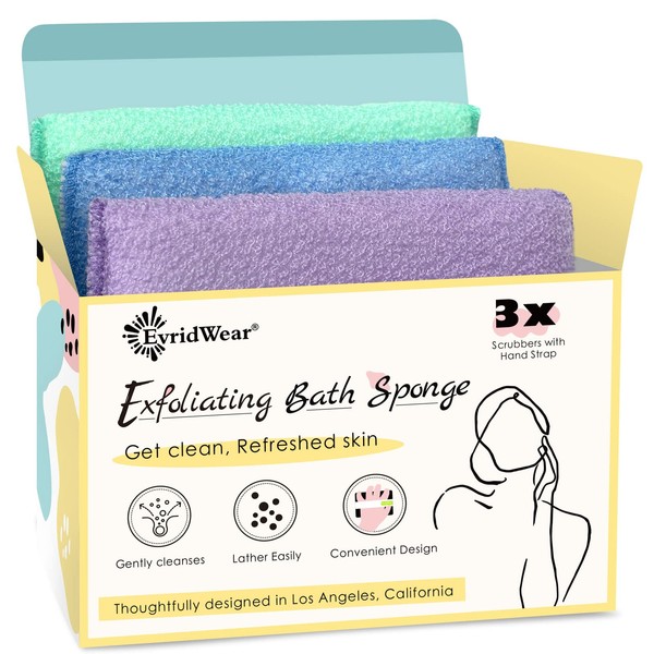 Evridwear Exfoliating Bath Sponge, Daily Skincare Body Scrubbers Loofah Shower Pads with Strap for Body Cleansing, Dead Skin Cell Remover, 3 Count Value Pack(Macaroon)