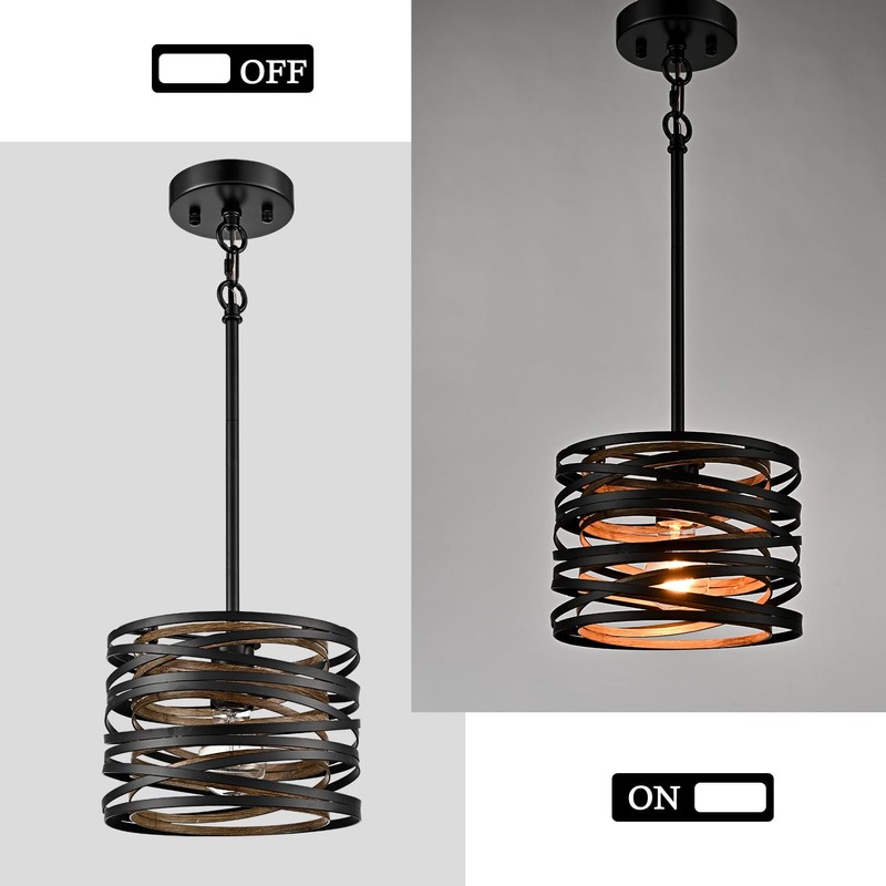 SHAWNKEY Industrial 1-Light Black Pendant Light with Wood Grain Finish