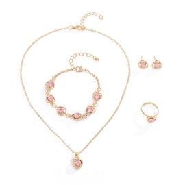 FDEETY 4 Pieces Jewellery Set Pendant Cubic Zirconia Necklace Earrings Heart Bracelet and Rings Jewellery Set for Girlfriend Christmas Valentine's Day Mother's Day for Women Girls, Stainless Steel, No