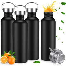 CHENGU 4 Pack Single Wall Stainless Steel Water Bottles Camping Bottles 304 18/8 Metal Water Bottle for Sports, Cyclists, Runners, Hikers(Black,34oz)