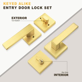 Brotima 2 Pack Keyed Front Door Lockset with Deadbolt, Reversible Passage Lever and Keyed Alike Single Cylinder Deadbolt, Gold Square Entry Handleset for Bedroom, Front Door