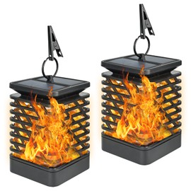 Solar Lights Outdoor Garden - 2pcs Hanging Solar Flame Flickering with Realistic Dancing Flame Light, Waterproof Lantern Outdoor Hanging Lantern for Pathway Yard Driveway Garden Ornaments Decorative