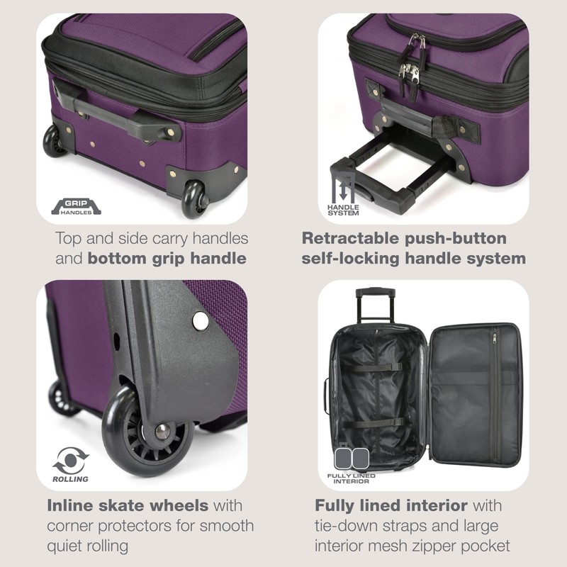 U.S. Traveler Rio Lightweight Softside Rolling Carry-on Suitcase, 2-Wheel Set,
