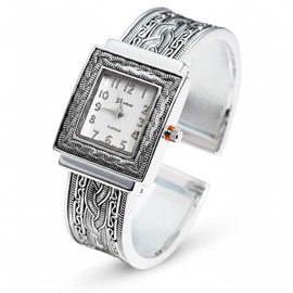 Blekon Collection Japanese Quartz Women's Elegant 26mm Rectangular Case Concho Cuff Bangle Watch (Silver)
