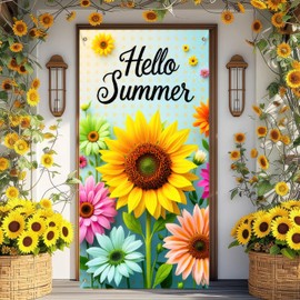 BlissYard Hello Summer Door Cover for Door Decorations Sunflower Door Banner Backdrop Summer Seasonal Porch Front Photo Background for Outdoor Decor Supplies 71 x 35 Inch