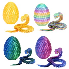 4PCS 3D Printed Snake in Egg, 3D Printed Animals Fidget Toy, 3D Printed Dragon Egg with Articulated Snake Inside Flexible Crystal Snake Easter Gifts for Adults Home Office Decor (4pcs/A)