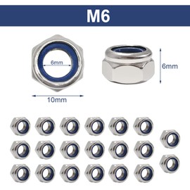 Ainkou 20pcs M6 Nyloc Steel Nuts, Nylon Locknuts for Fastener, Nylon Inserted Hex Lock Nuts, Silver 304 Stainless Steel Self Locking Nuts for Bolts